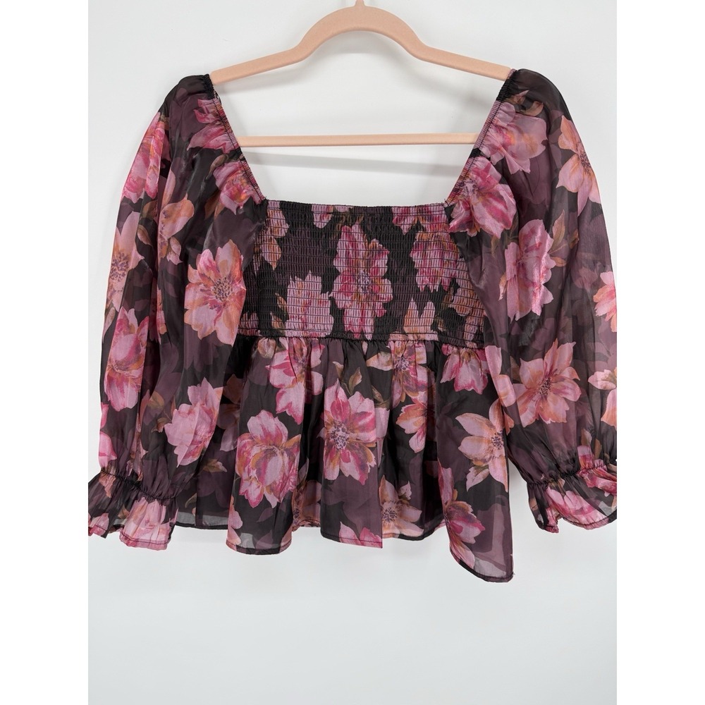 Thirty/Thirty LA Pink Plum Floral Sheer Blouse Smocked Milkmaid Cottagecore M - Picture 8 of 8